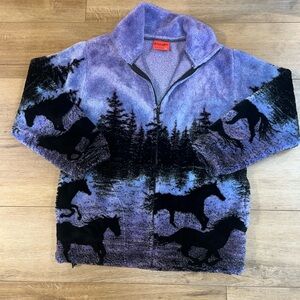 Vintage Equestrian-Themed Purple and Black Teddy Jacket